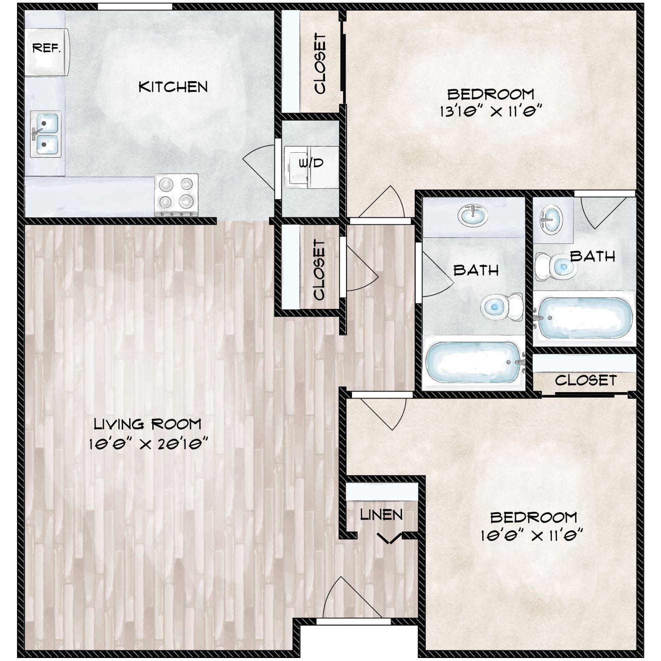 Floor plan for 2 beds, 2 baths, 908 sqft